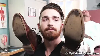 Hot doctor hunk jerking off during feet licking worship