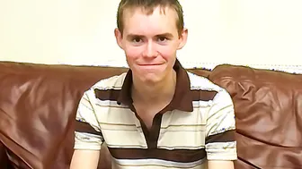 Skinny British twink cums after masturbating his fat dick