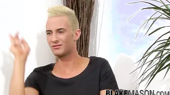 Cute British twink cums hard after stroking his huge cock
