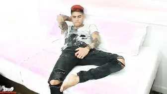 Max's pants fall to the floor & he starts jacking his Colombian cock