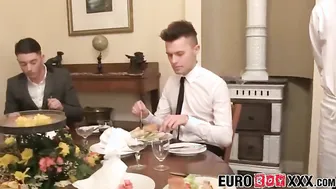 Twink waiter sucks and rides dick after the dinner service
