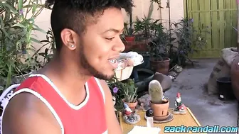 Black tatooed jock wanking cock with dildo in his ass