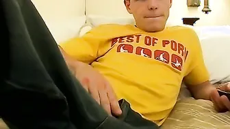 Jeremiah Johnson puts a blown condom on his dick and strokes