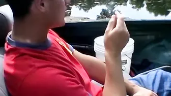 Lusty twink fuckers masturbate together and smoke outdoors
