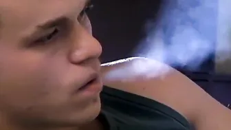 Twink cigar smoker jerks off until he sprays jizz on himself