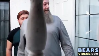 Nasty fat bear makes his cub go on knees to blow his rod
