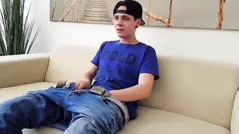 Cute shy boy jerks his horny hard cock vehemently until orgasm