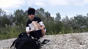 Cute twink Jon Arteen wears black Adidas outfit, shows his underwear, walks freeballing, jerking off throught his short shorts,