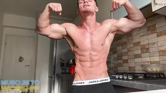 Muscle Boy Flexes Hard Vascular Muscles