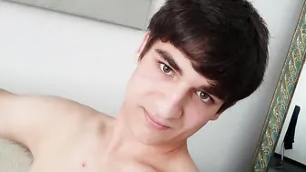 Restrained boy poses with his huge cock in front of the camera during casting and jerks it off hard